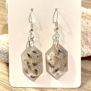 4. Handmade Clear Resin Hexagon Earrings with Dried Lavender and beach sand